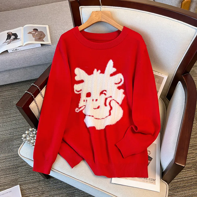 

100/150kg Oversize Women Clothing Chubby Female Bust 150/160cm Loose Fitting Pullovers Chinese New Year Knitted Sweaters