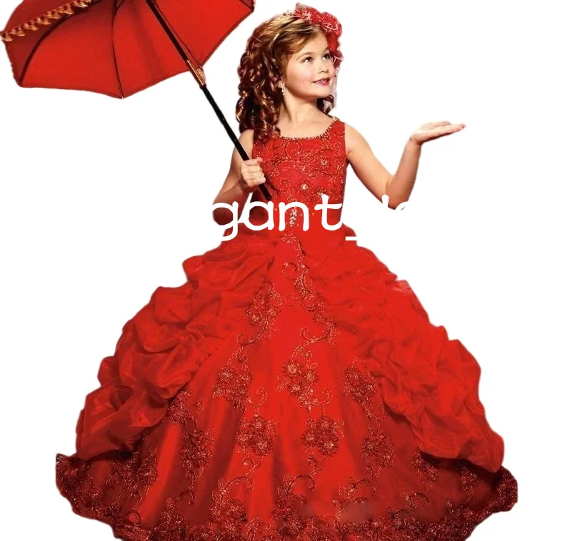 Sweet Red Ruffles Pageant Dress for Kids Lace Appliques little Princess infant Flower Girl Dresses for Wedding Party