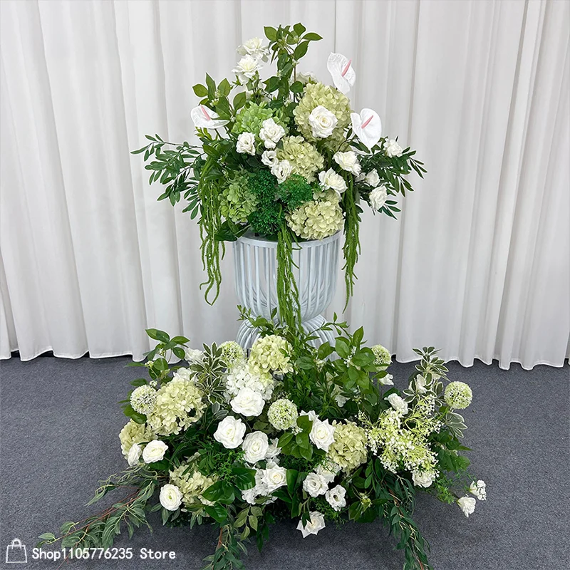 Weiß-grünes künstliches Hochzeitsblumenarrangement aus Rosen und Hortensien, Bodenblumen-Centerpiece für Hochzeitsgang, Bühne, Party und Heimdekoration – Detail 1