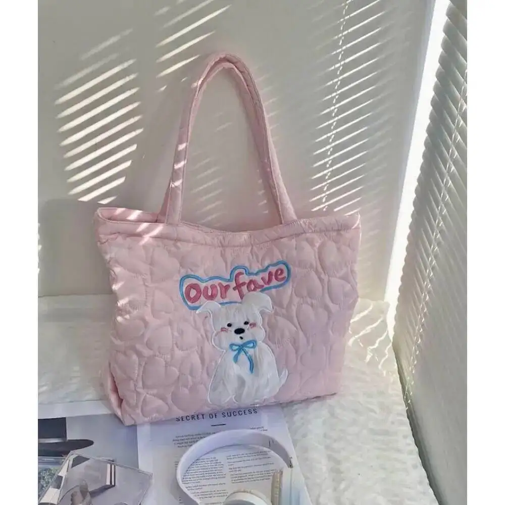 Bloom Haruku Pink Large Capacity Tote Bag Women Sweet Cute Puppy Embroidery Handbag Hot Girls Retro Shoulder Bags Aesthetic