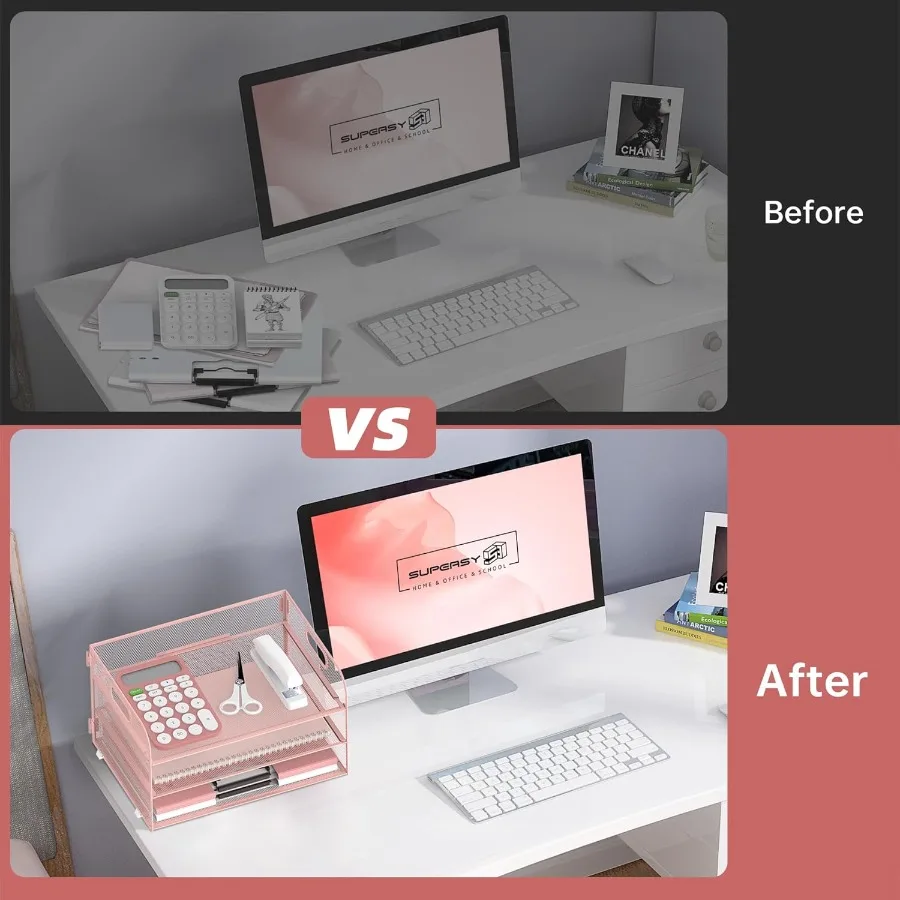 منظم ورق من 3 طبقات مع مقبض لتخزين المكتب، صينية رسائل بتصميم شبكي لملفات A4 والوثائق، ملف سطح المكتب الوردي المدمج #6