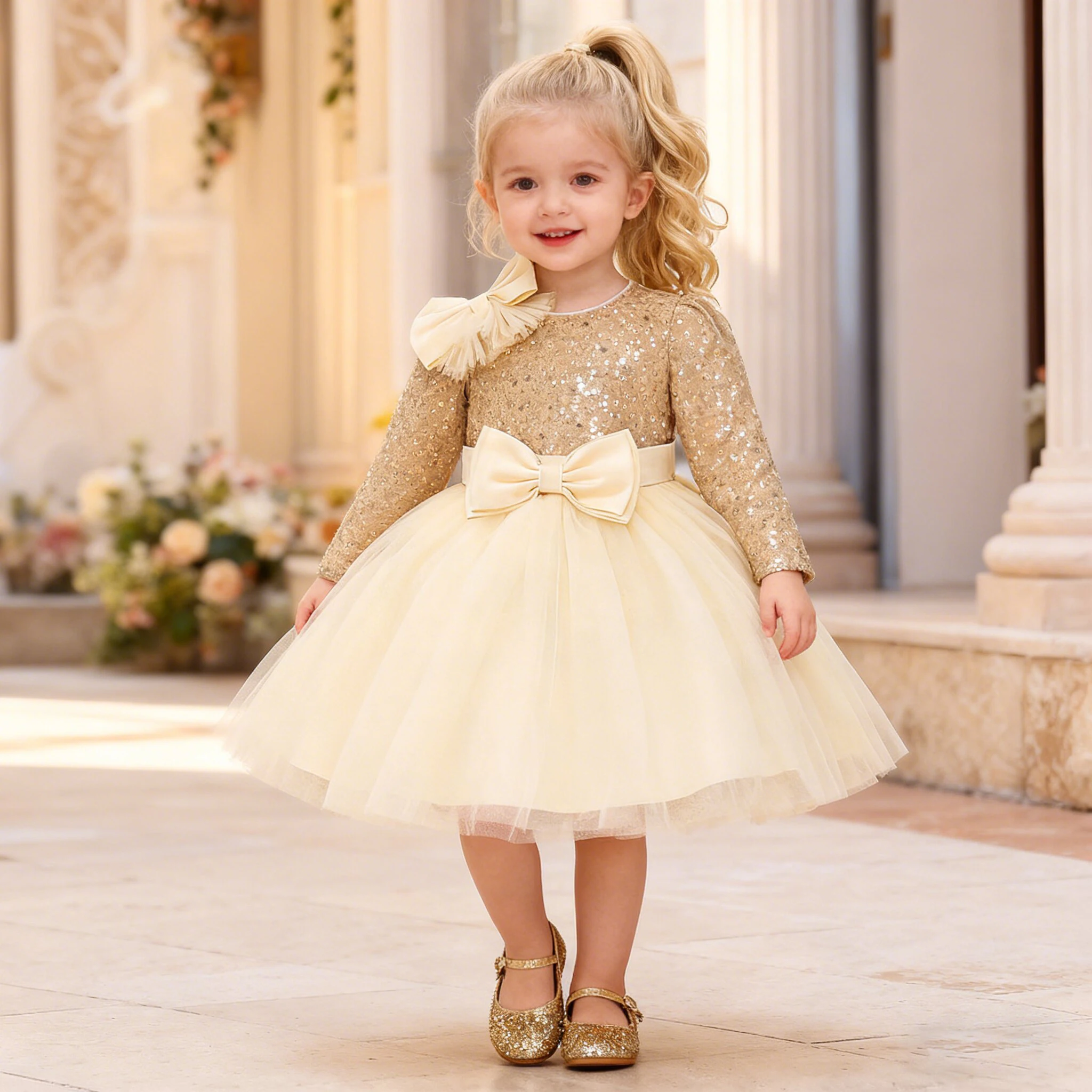 Toddler Bow Wedding Party Baby Girl Dress Elegant Sequin 1st Birthday Princess Dress for Girls Long Sleeve Bridesmaids Prom Gown