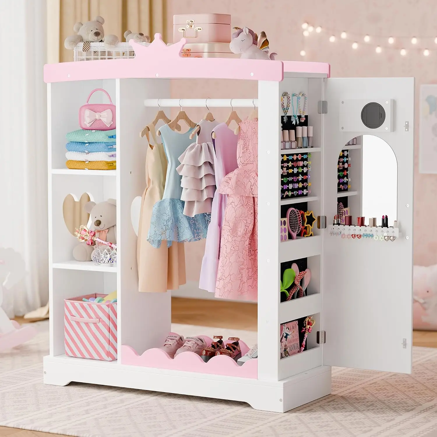 

Kids Armoire with Jewelry Cabinet, Dress up Storage with Mirror and Shelves, Princess Dress Closet and Costumes, Customized