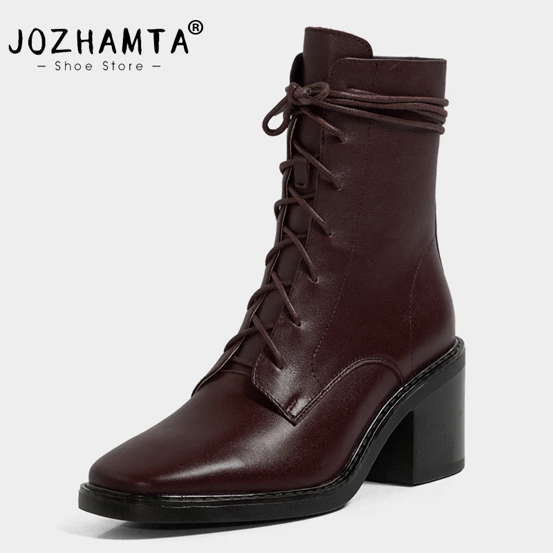 

JOZHAMTA Size 34-43 Women Ankle Boots Vintage Genuine Leather High Heels Shoes For Women Winter 2023 Chunky Heel Booties Casual