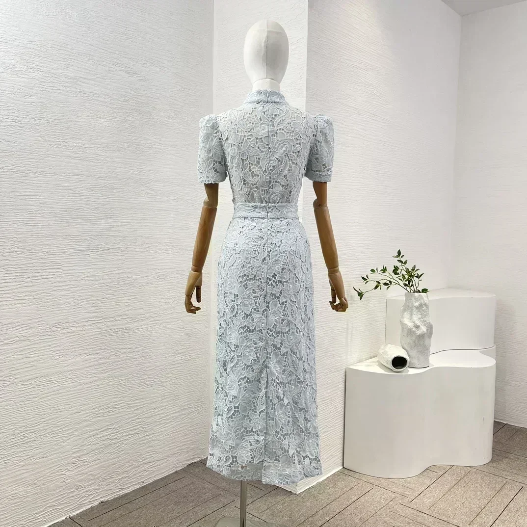 Elegant 2024 New Light Blue Women Collection High Quality Lace Patchwork Hollow Out Short Sleeve Tops and Midi Skirt Sets