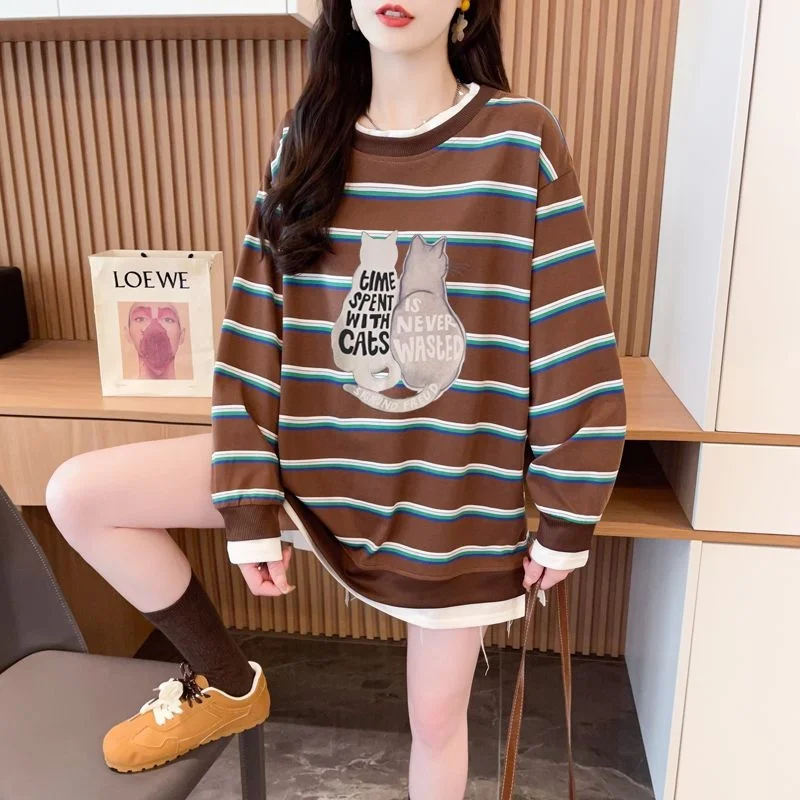 

Faionable Striped plus Size Women's Top Long Sve Hoodie Base irt Conceals Belly Spring Autumn New Sle Fake Two-Piece