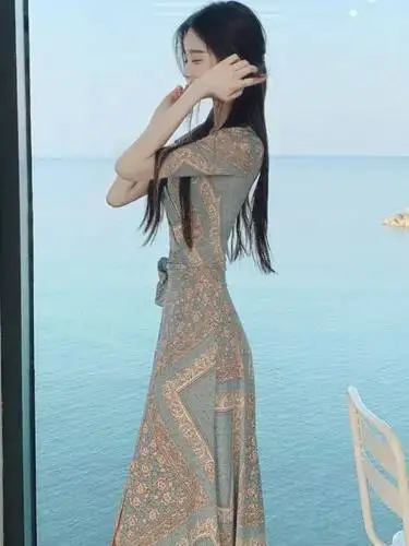 NOVEDAD DE VERANO 2021, versión coreana, vestido de manga corta con estampado Retro y cuello en V para mujer, vestido largo con cordones y cintura ceñida, vestido largo con abertura delgada A3VA