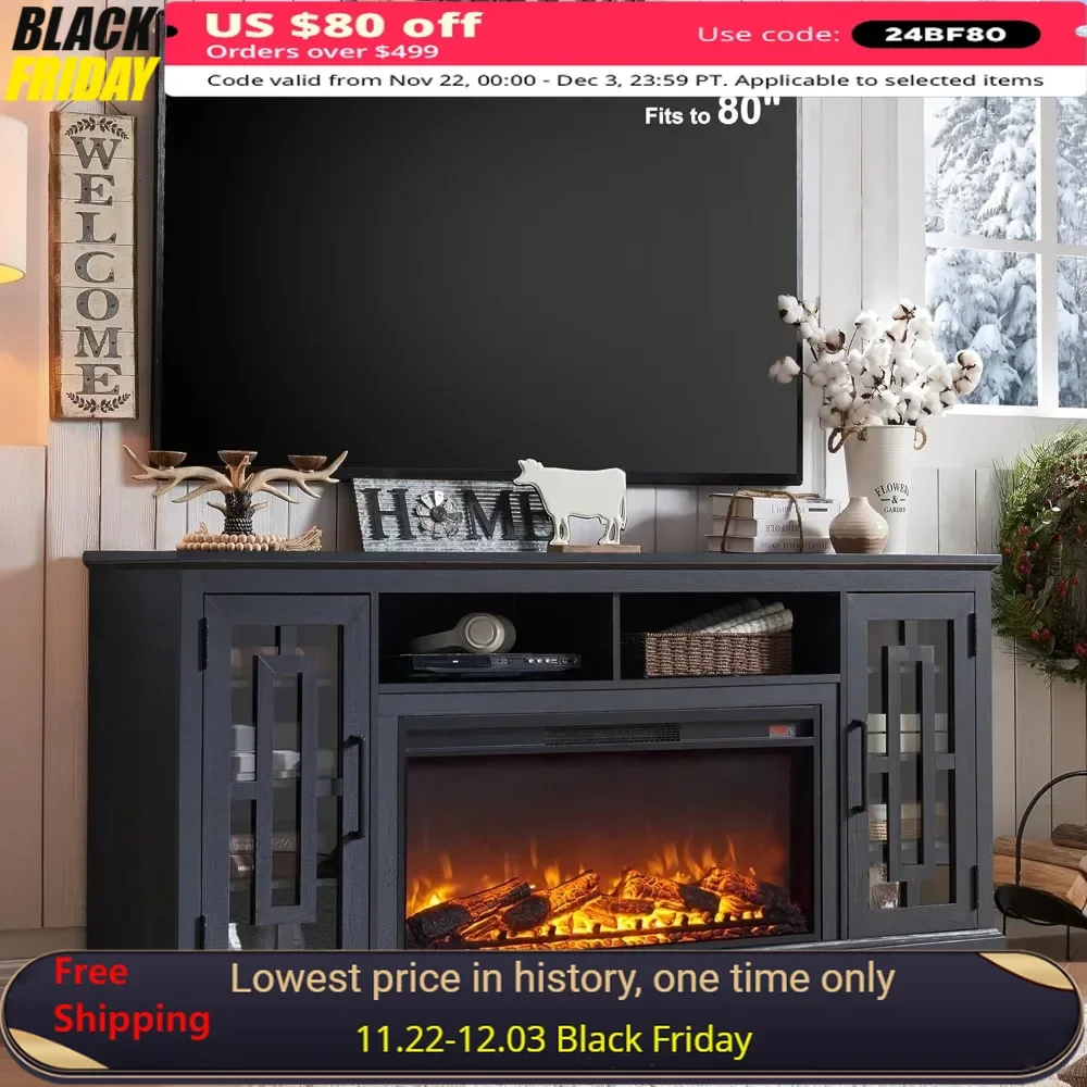 Fireplace TV Stand with 6 Shelves Storage Cabinet for 80 Inch TVs for Living Room Electric Fireplace Modern Media TV Console