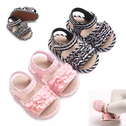 Fashionable Summer Soft 0-18M Baby Beach Sandals Cute Open Toed Square Grid Bow Soft Bottom Non Slip Sandals