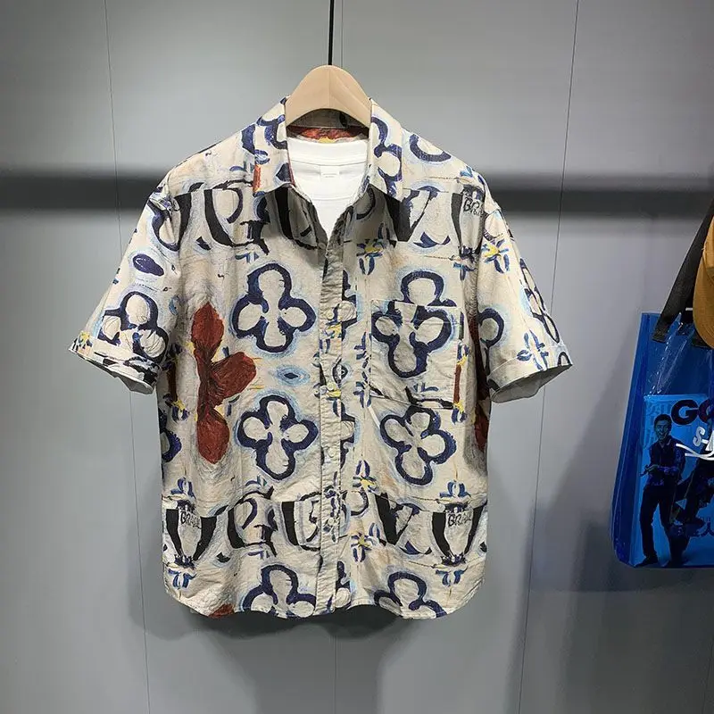 

Men Clothing Summer Fashion Vintage Graffiti Print All Match Shirt Simple Casual Lapel Short Sleeve Loose Tops Camisa Masculina