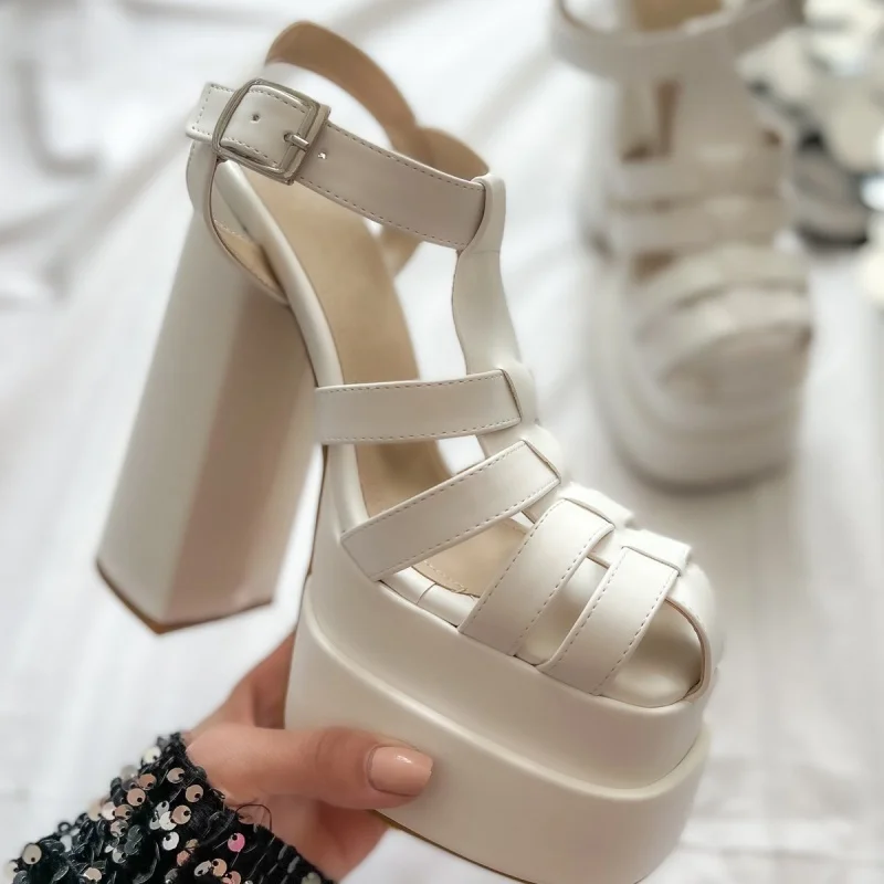 

Thick Soled Ankle Strap High Heel Sandals Cross Strap Closed Toe High Heel Shoes Fashion Party Women Shoes Large Size Women Shoe