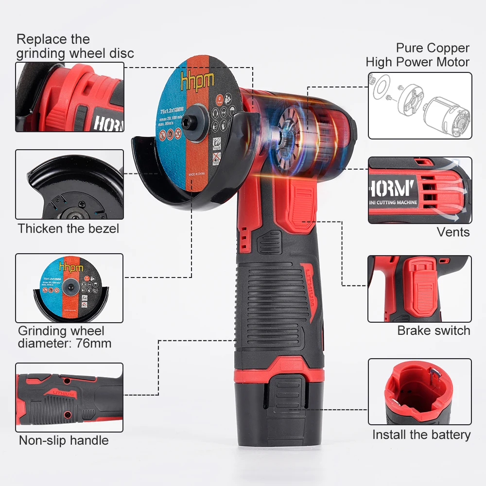 12V Mini Electric Angle Grinder 19500RPM Lithium Battery Cordless Grinder Diamond Cutting Power Tool Polishing Grinding Machine