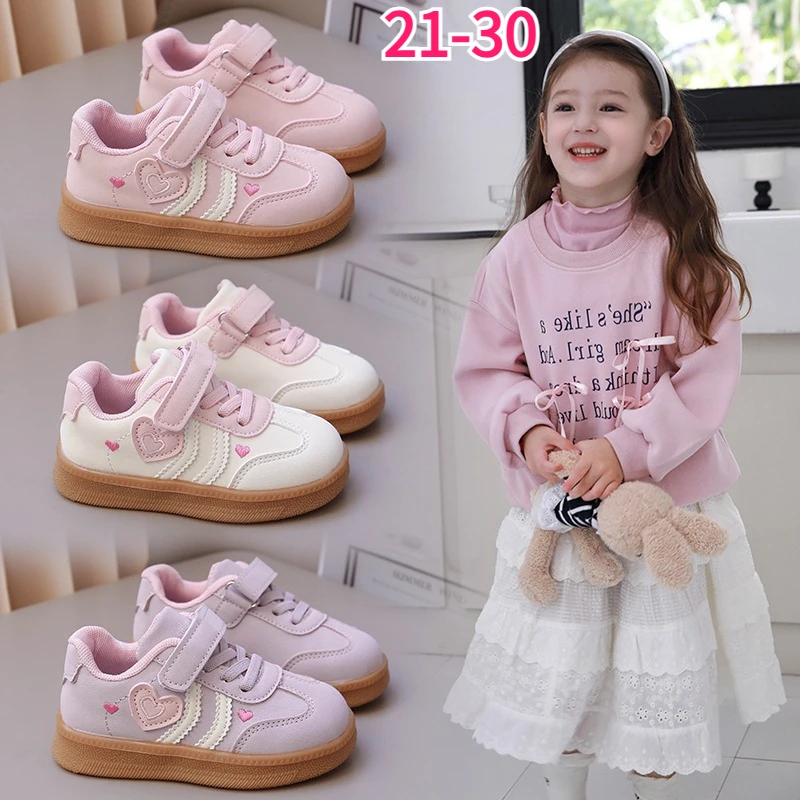 Girls Sneakers All‑Season Pink PU Leather Anti Slip Soft Kids Shoes Breathable Cute Heart Trainers Hook Loop Children's Shoes