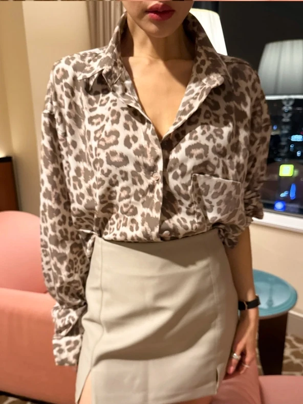 

Korean Sle Loose Long Sve Women's irt Leopard Print Chiffon Top Faionable Ele Loose Fit High End Feeling Blouse