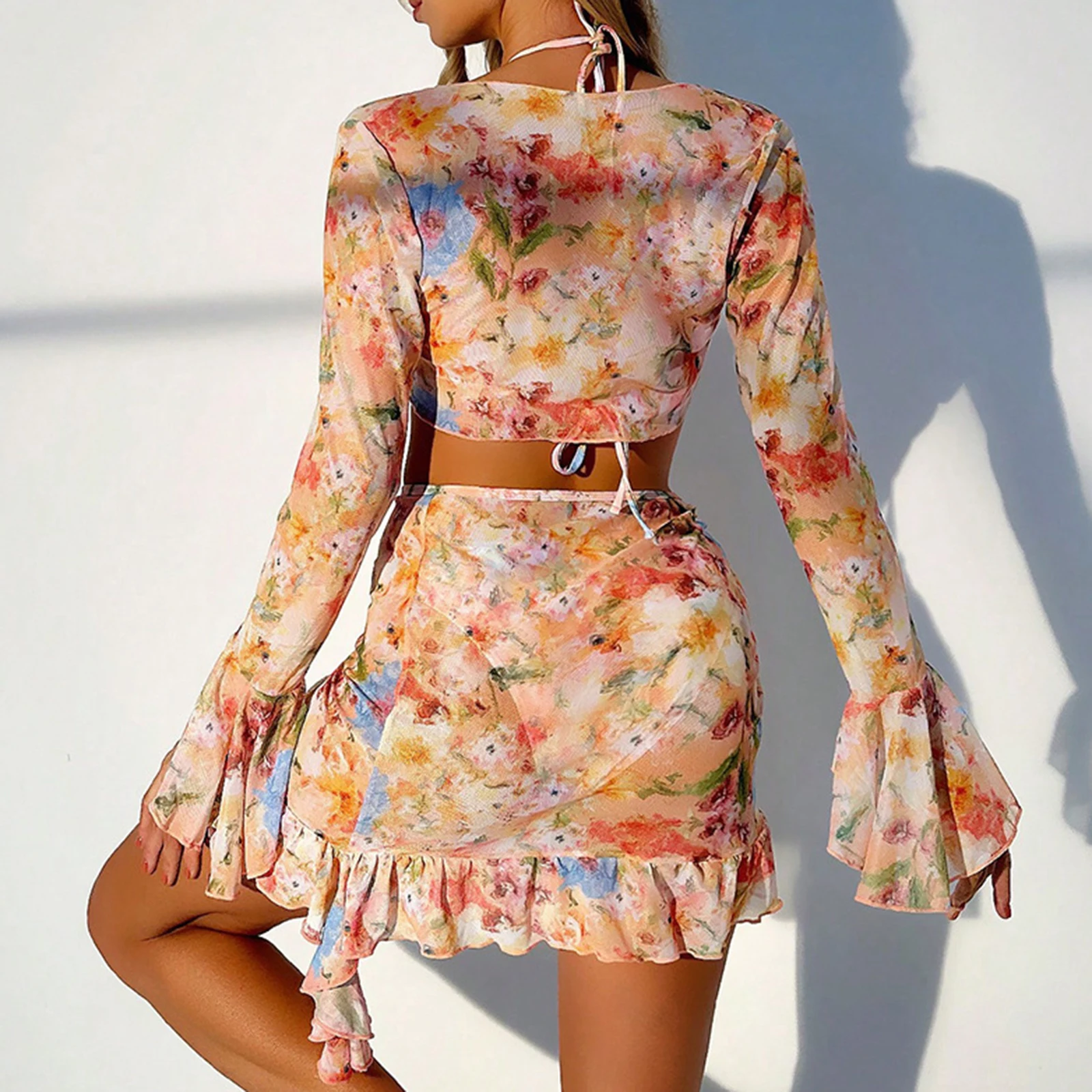 Bikini estivo da donna Set da 4 pezzi Reggiseno allacciato con stampa floreale con perizoma a vita bassa Top corto a maniche lunghe Gonna costume da bagno