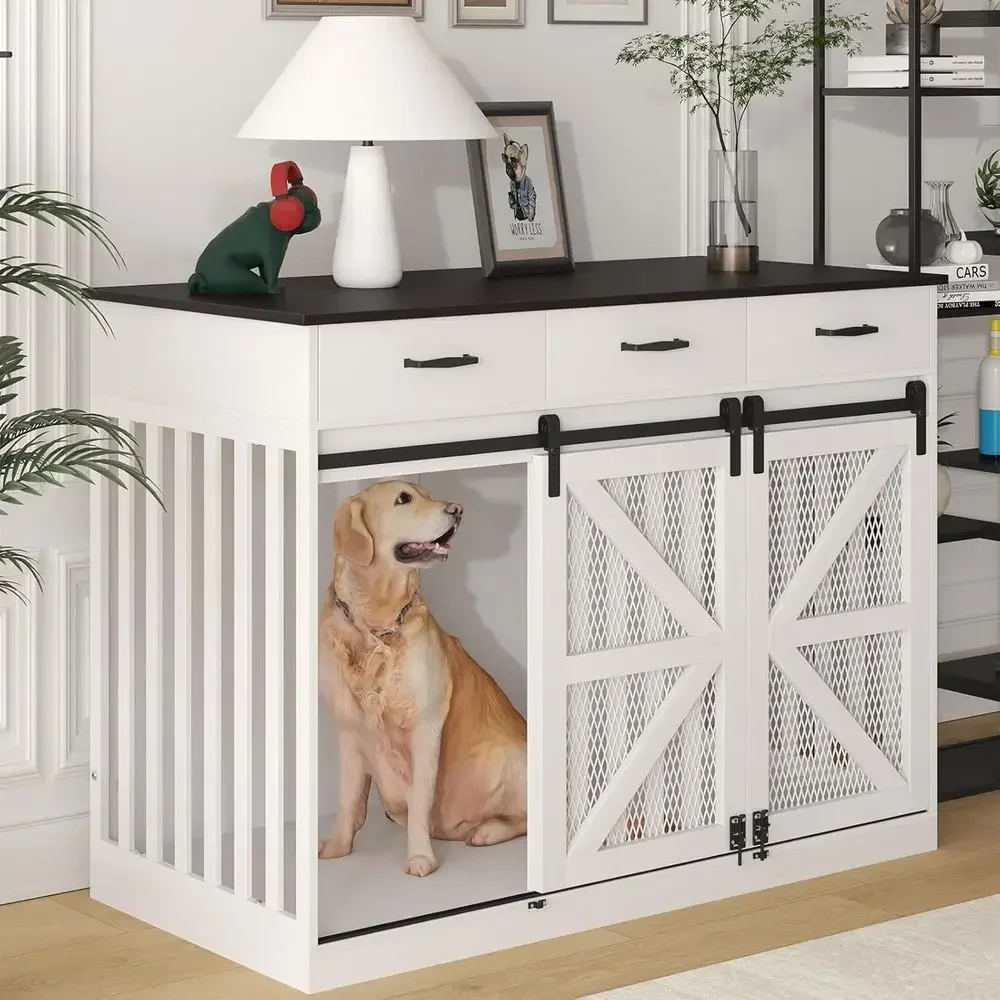 

48-Inch Wooden Double Dog Crate Furniture with Divider and Storage Drawers, White TV Stand Style
