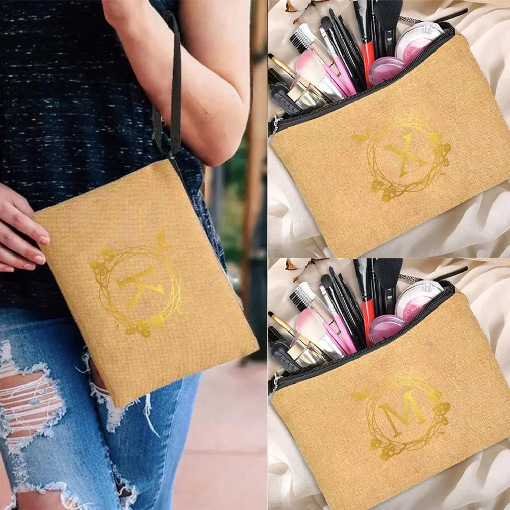 

Woman Makeup Bag Cosmetic Pouch Zipper Imitation Cotton Travel Essentials Wash Bags Organizer Wreath Letter Printing Series