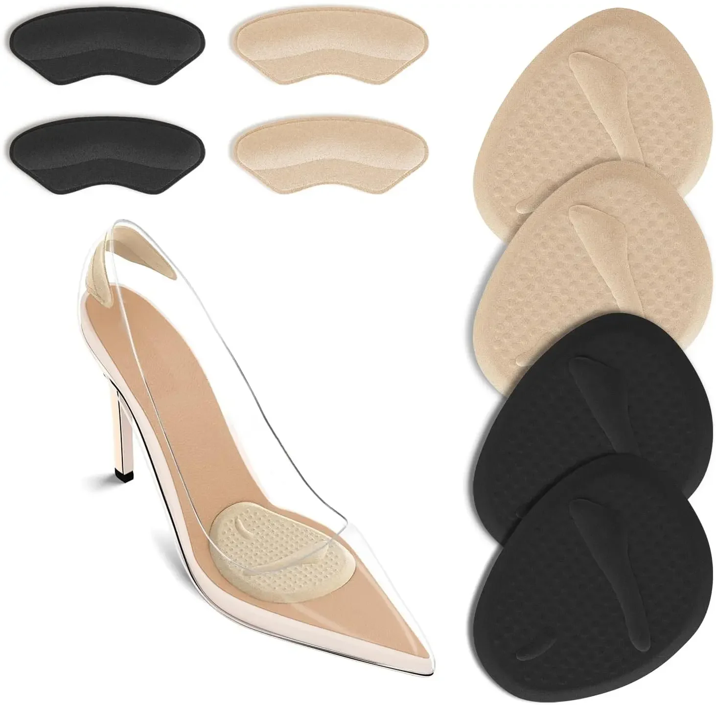 2 juegos de almohadillas para el talón, cojines para la bola del pie, almohadillas metatarsianas, plantillas para zapatos para mujer, alivio del dolor de pies durante todo el día, mayor comodidad, sin dolor ni molestias (beige y negro)