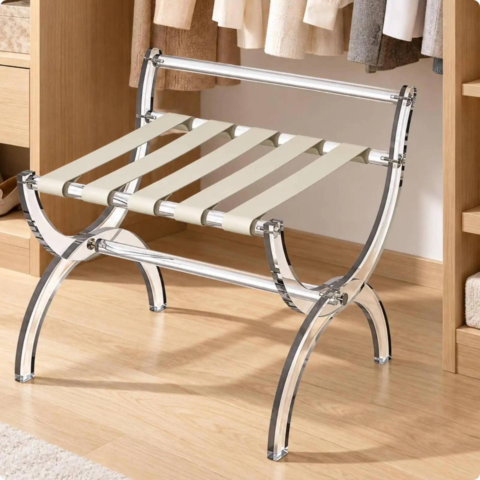 Foldable Luggage Rack with Leather Straps Space-Saving Acrylic Luggage Rack Acrylic Suitcase Stand with Leather Straps Compact