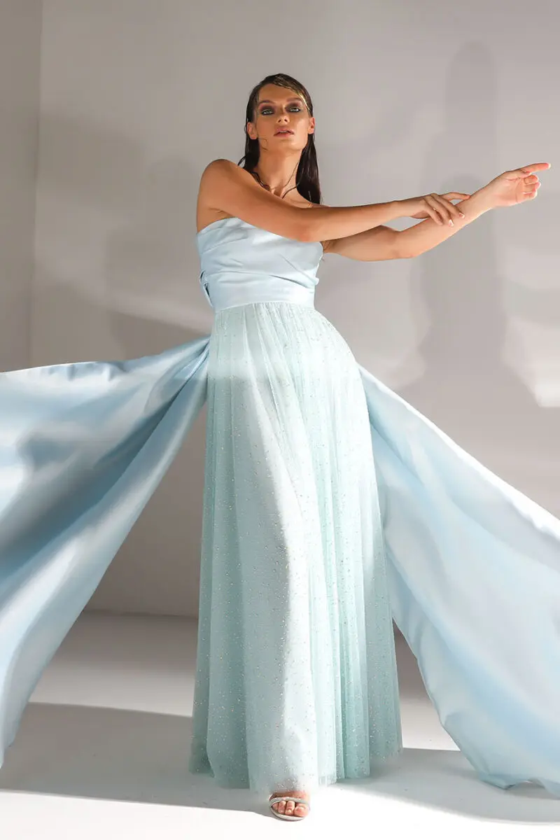 Muloong Light Blue Strapless Evening Dresses A Line Floor Length Prom Gown Long Shawl Sequins Tulle Luxury Woman Party Dress