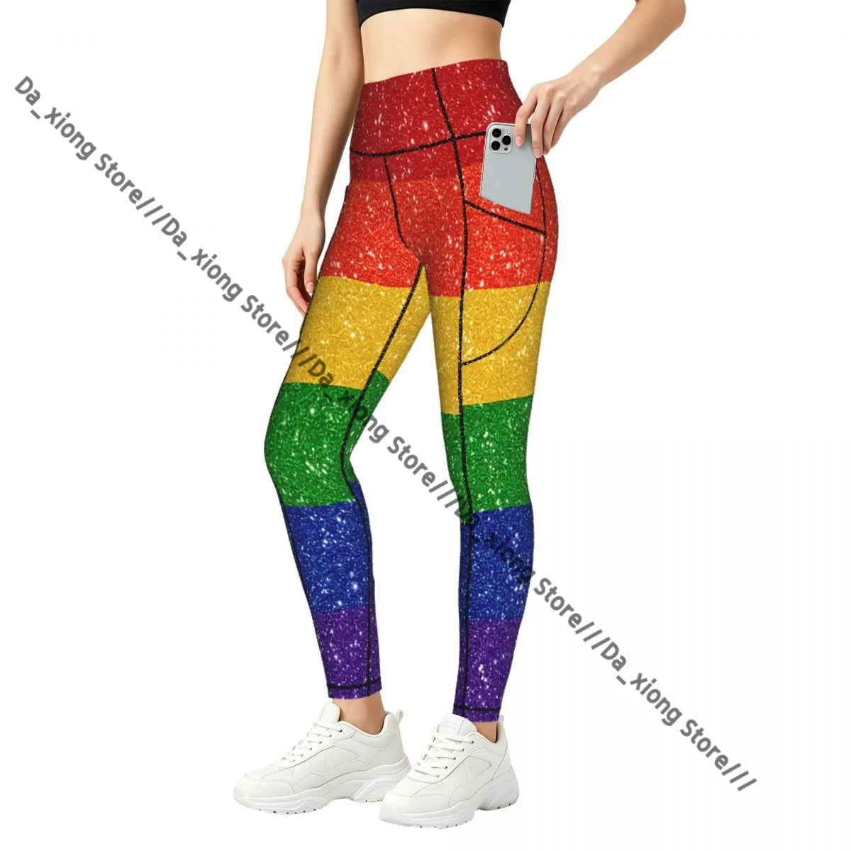 High Waist Hip Lift Yoga Pants Women With Pockets Glitter Rainbow Pride Flag Gym Wear