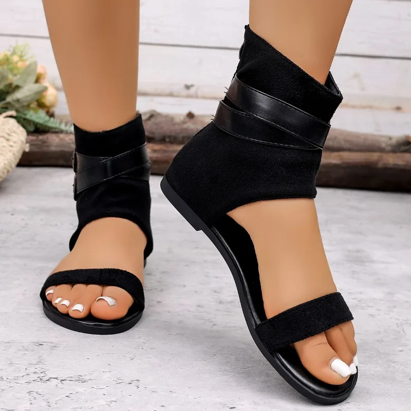 Comfortable Inside Heightening Vintage Cool Boots Spring Summer Open Toe High Top Flat Roman Statement Women's Shoes