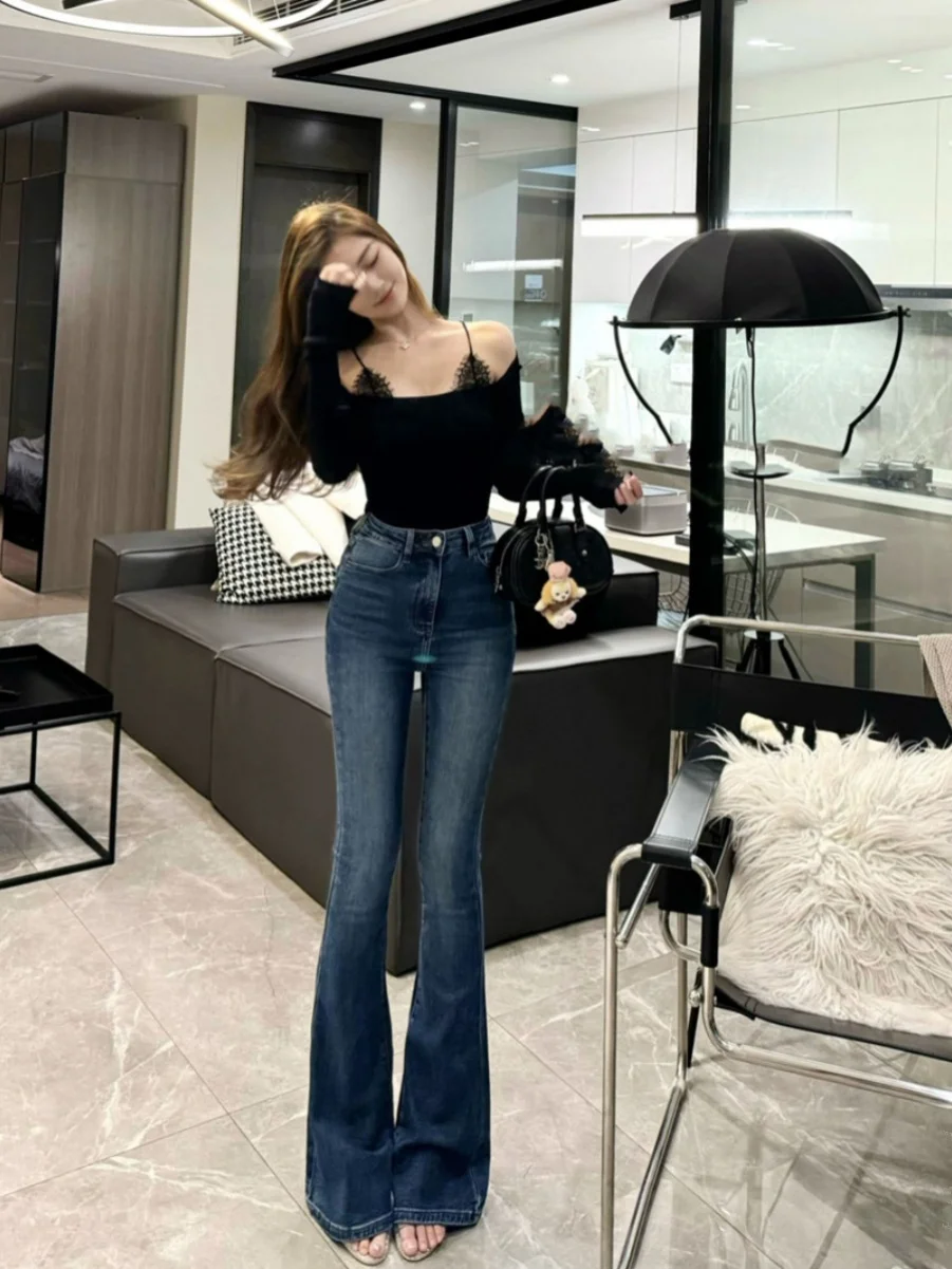 

High Waist Long Pants Women's Blue Cotton Stretch Denim Micro Flared Floor Length Trousers Faionable Slimming Leg Lengthening