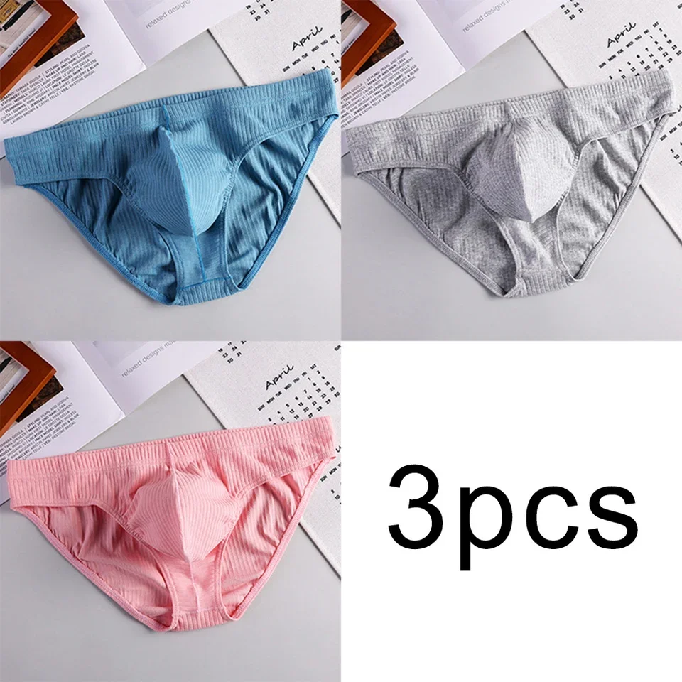 3PCS Men Cotton Underwear Threaded Briefs U Convex Pouch Low-Waist Breathable Underpants Sports Solid Color Briefs