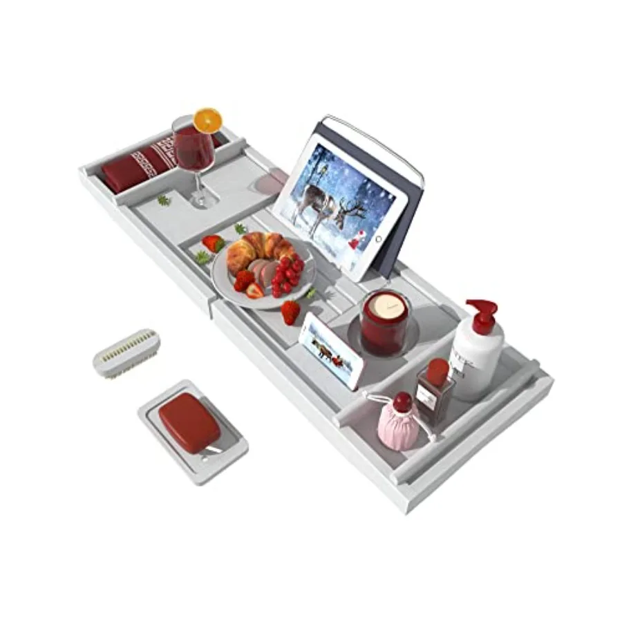 

Bathtub Caddy Tray for Luxury Bath - Bamboo Waterproof Expandable Bath Table Over Tub with Wine and Book Holder and Free Soap D