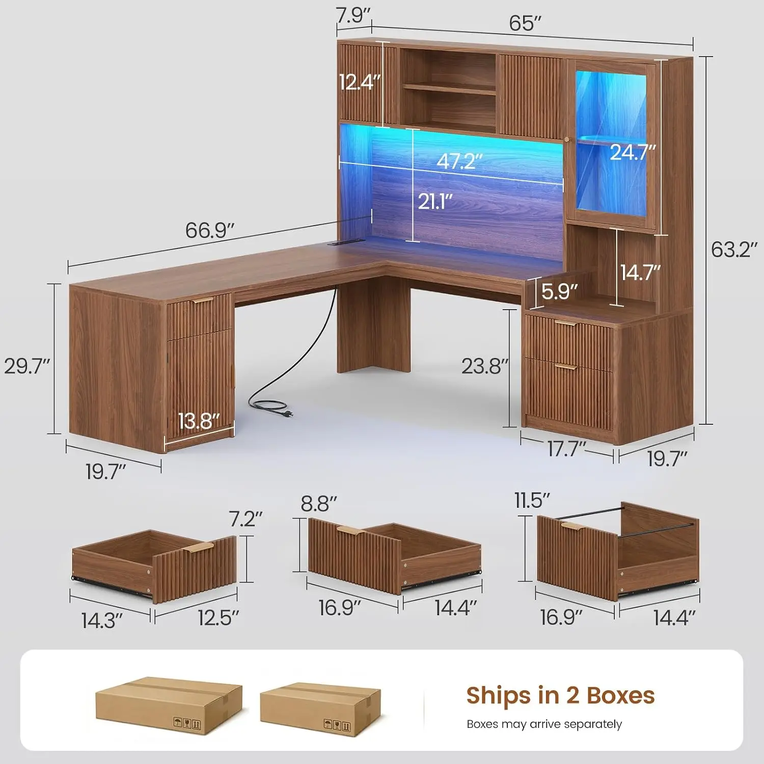 L Shaped Desk with Hutch, RGB LED Corner Desk with Power Outlets, Desk with File Drawer & Glass Cabinets, Brown, Customized