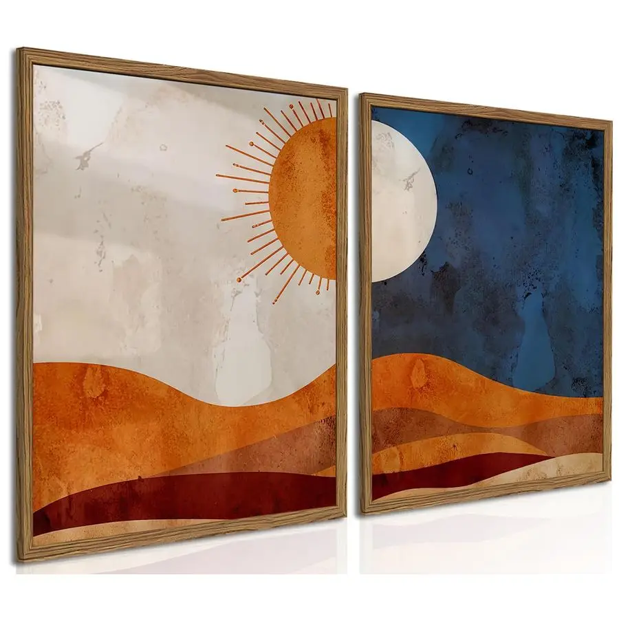 

Boho Sun and Moon Canvas Wall Art Set of 2, Vintage Western Desert Landscape Wall Decor Paintings, Mid Century Modern Abstract P