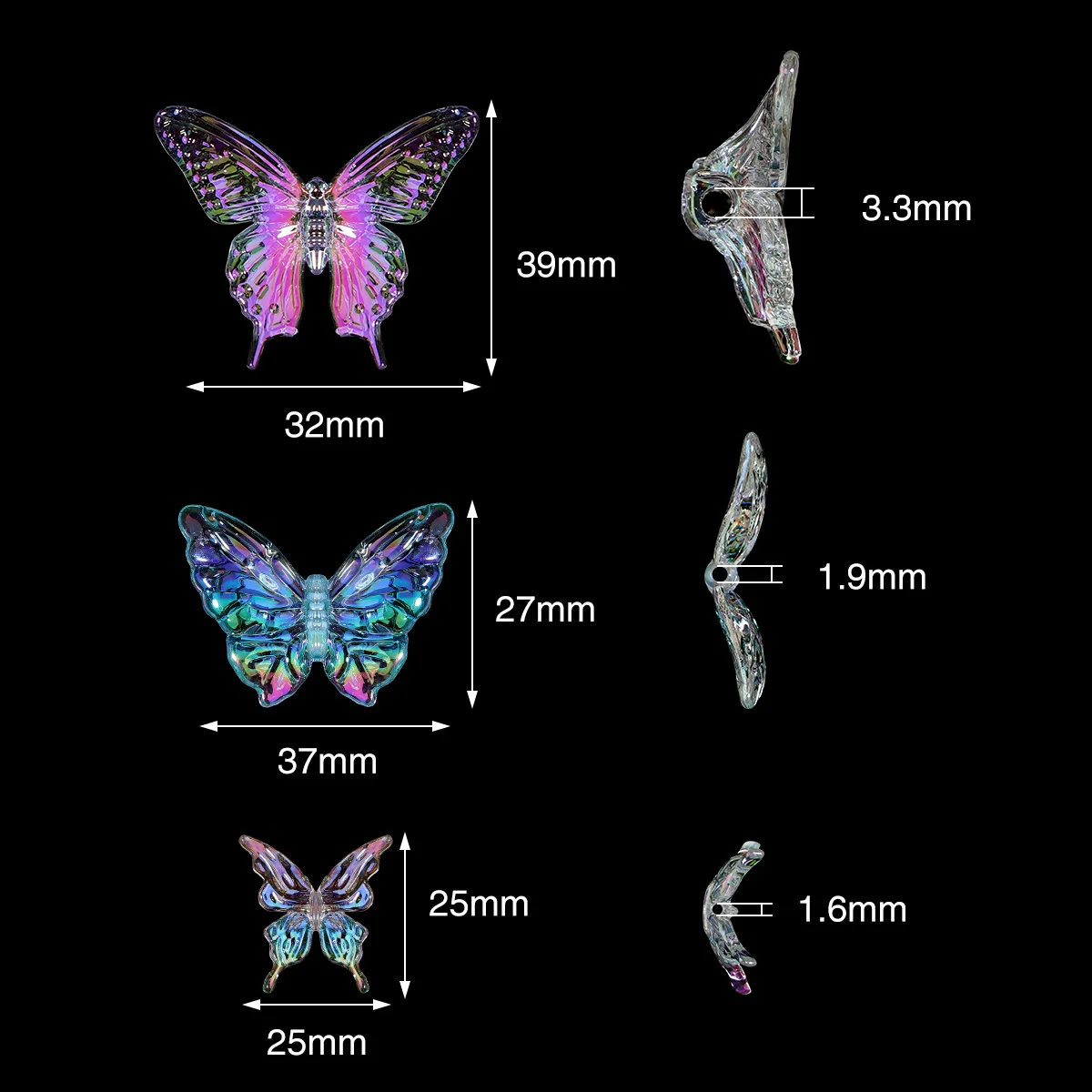 10 Pcs Acrylic Butterfly Pendant Beads Glass Butterfly Charms Sweet Colorful Gems Crystal Rhinestone For Earring Necklace DIY