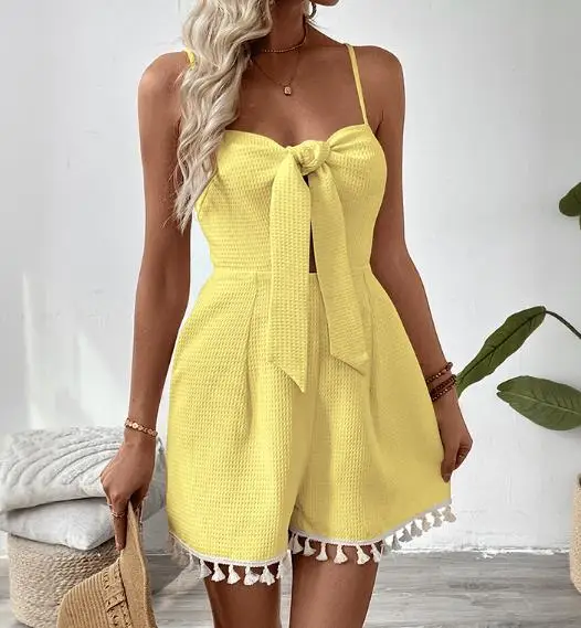 Jumpsuit Women 2026 Spring Summer New Solid Color Tassel Hem Knot Texture Waffle High Waist Casual Suspender Romper