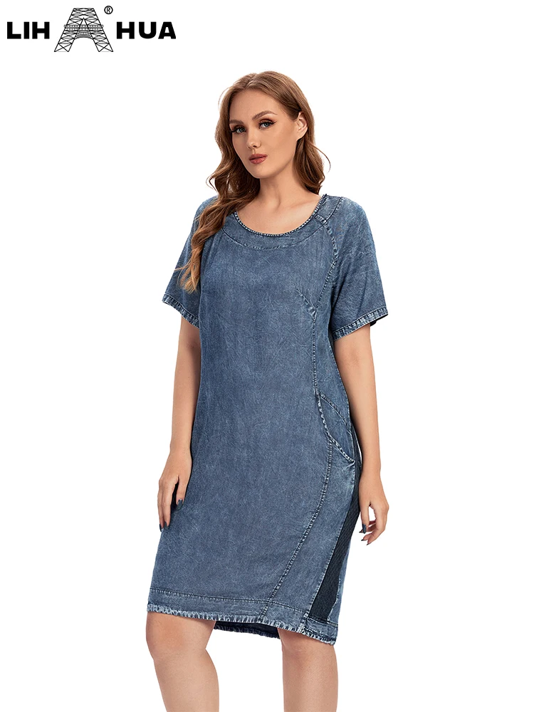 LIH HUA Robe en jean grande taille pour femme Robe d'été mince Robe décontractée Coton Tissé Denim Manches courtes