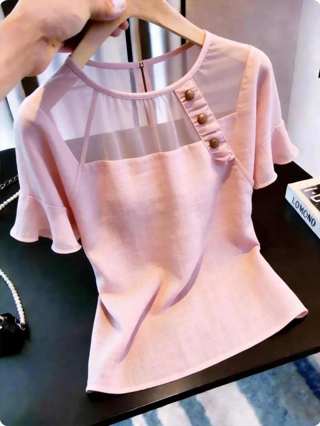 

Slimming Short Sleeve Shirt with Ruffle Design Mesh Splicing Elegant Korean Style Straight Cut Silk Top for Younger Look