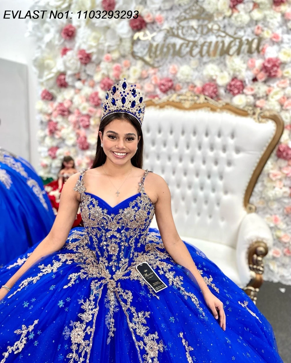 Gaun Quinceanera Biru Royal Kustom EVLAST Model Ball Gown dengan Aplikasi Renda Emas dan Manik-Manik, Gaya Meksiko untuk Sweet 16, Vestidos De 15 Anos E1QN604
