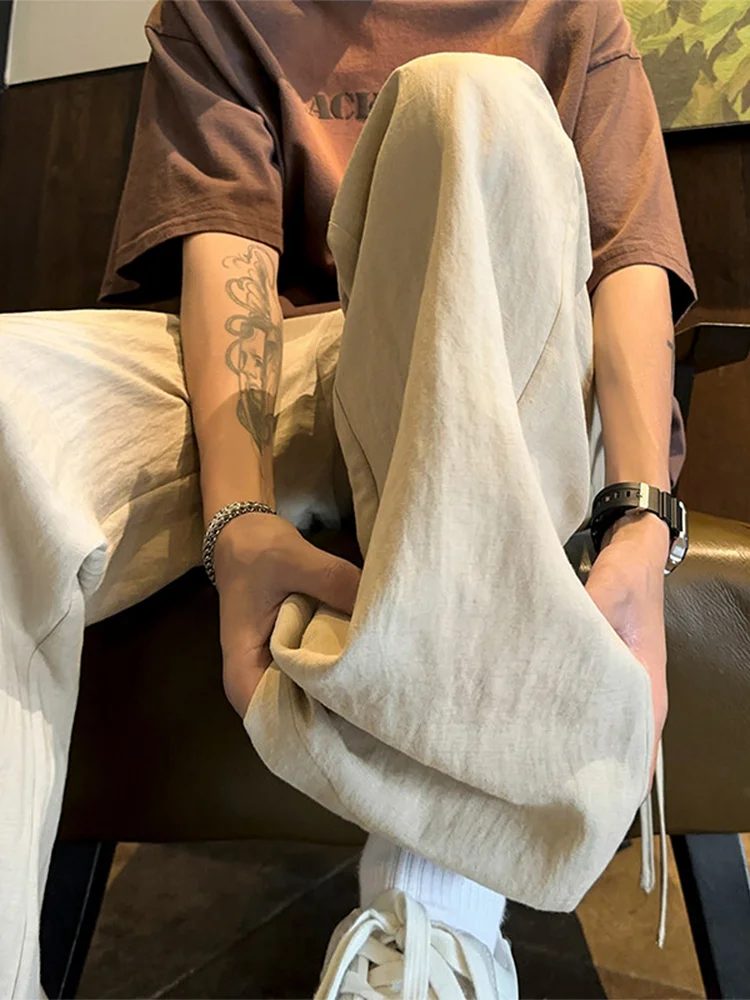 

Мужские летние тонкие свободные прямые повседневные брюки из высококачественного льна, драпированные, с широкими штанинами, из хлопка и льна, дышащие, легкие