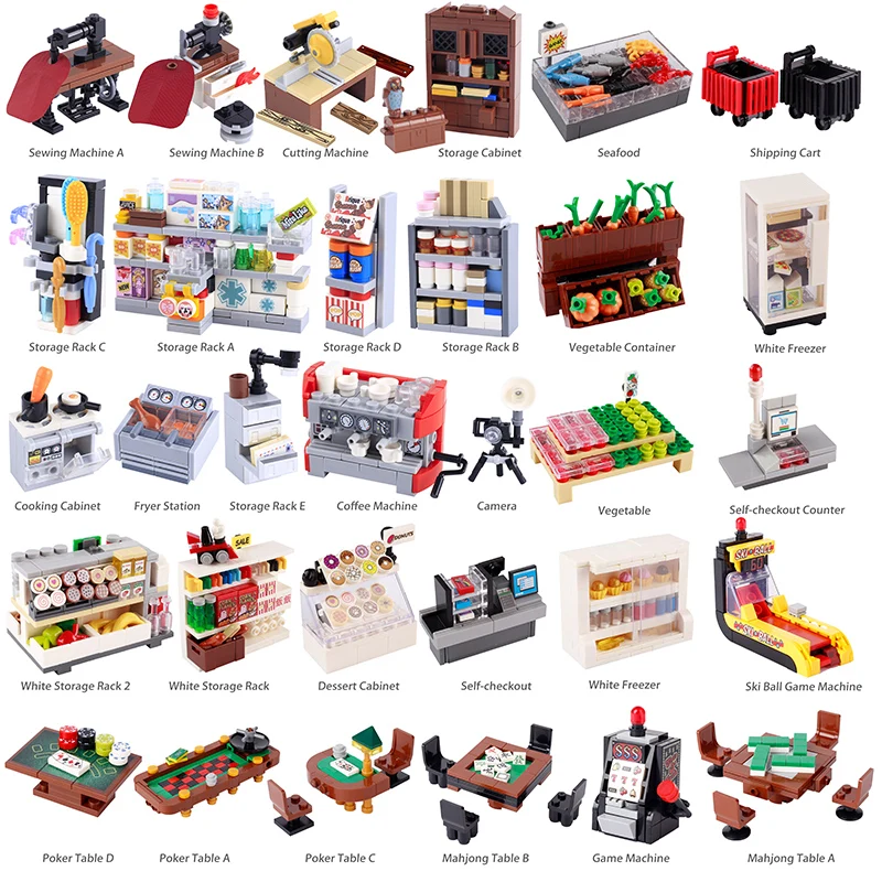 MOC City Supermarket Building Blocks Pocket Table Game Sewing Machine Food Shelf Storage Rack Cabinet Self Checkout Bricks Toys