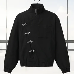 Casual Women's Jacket Irregular Slanted Collar Metal Button Black Coat Loose Long Sleeve Short Outwear 2025 New Autumn Lady Coat