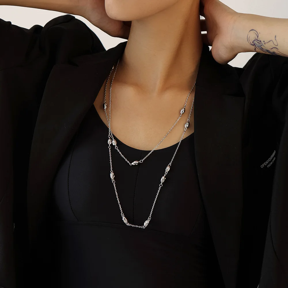 Oval Beaded Long Necklace for Women Stainless Steel Sweater Chain Gold Plated 2 Strings Waterproof Jewelry Gift