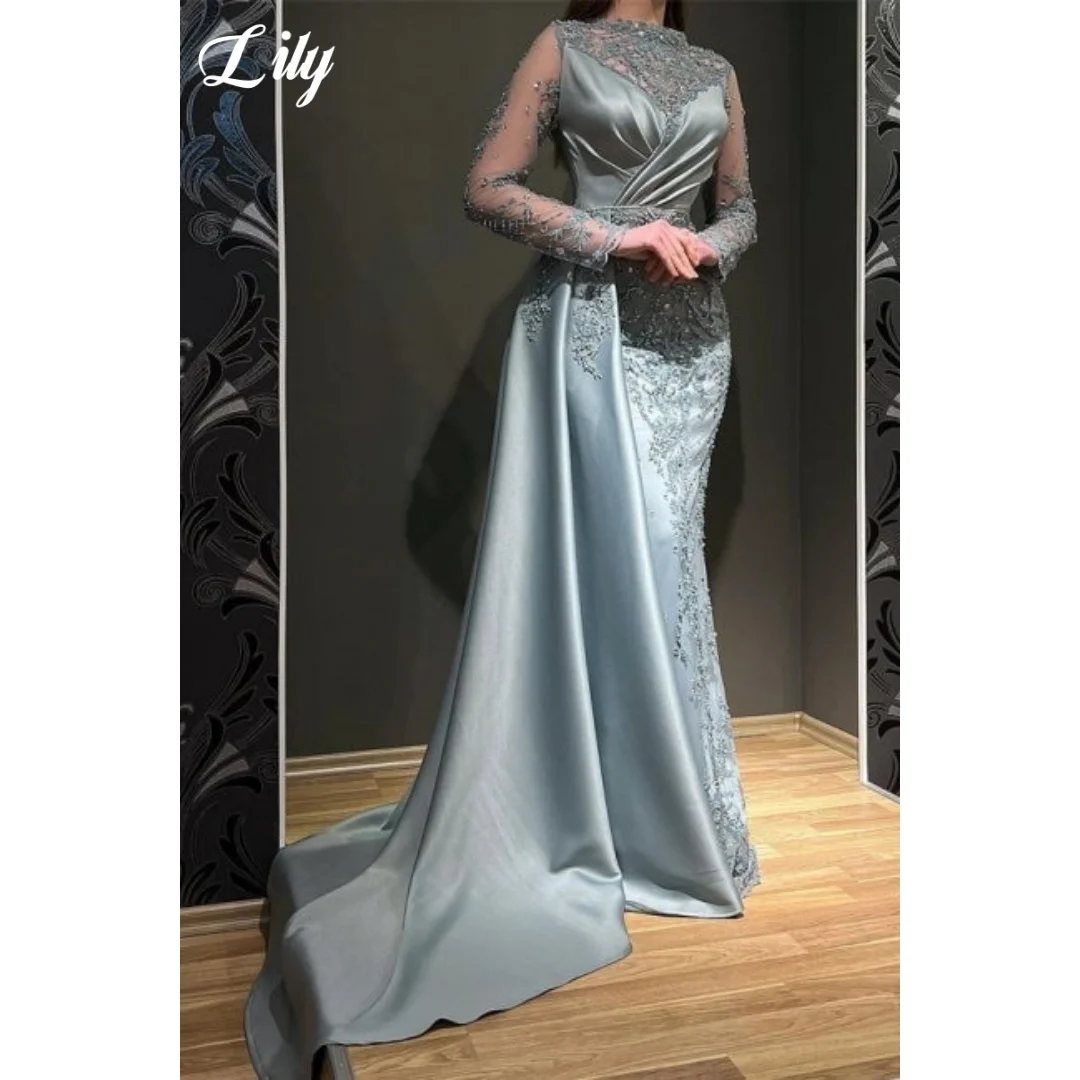 

Lily Light Blue Formal Prom Dress With Lace Full Sleeve Side Train Special Occasion Evening Gown For Women فستان سهرة Customized
