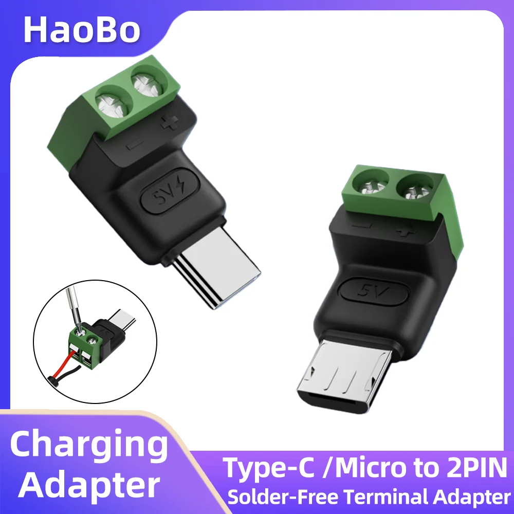 Type C/Micro to 2 Pin Terminal Block Solderless Charging Connector 5V 3A Screw Terminal Charging Adapter Plug