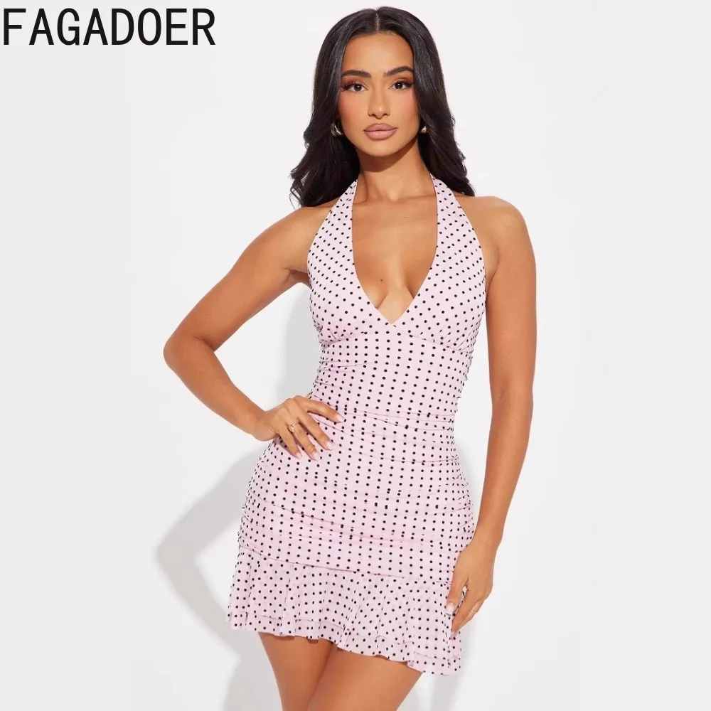 FAGADOER เซ็กซี่ลายจุดพิมพ์บอดี้คอนมินิเดรสผู้หญิงเชือกแขวนคอหลังเปลือยรัฟเฟิลชุดเดรสหญิงสตรีทแวร์เดรส