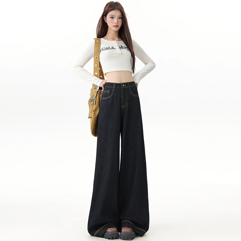 

Black gold women's denim wide-leg pants with a stylish design, high waist, stretchy, and floor-length