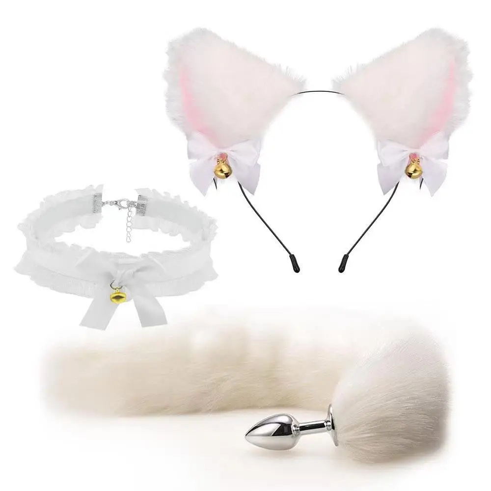 Anal Sex Toys Fox Tail Butt Plug Sexy Plush Cat Ear Headband With Bells Necklace Set Massage Sex toys For Women Couples Cosplay