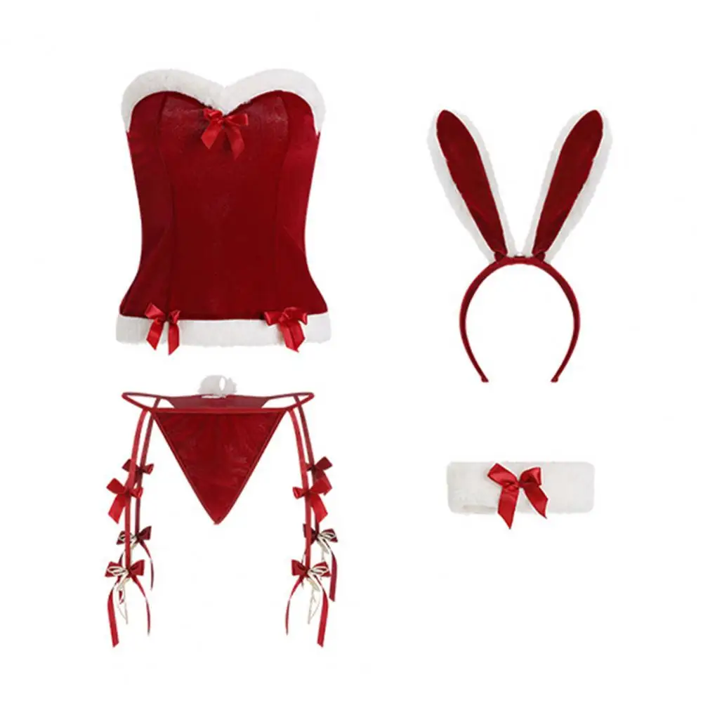 Pajama Set Women Top Panties Set Bunny Ear Headband Collar Low-cut Bandeau Backless Plush Skinny Bow-knot Bodysuit Pajama Set