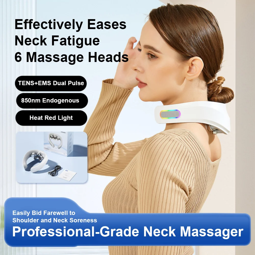 EMS Cervical Massager Protable Mini Neck Shoulder Massager Heated Deep Vibration Massage Neck Smart Red Light Neck Pressing Care