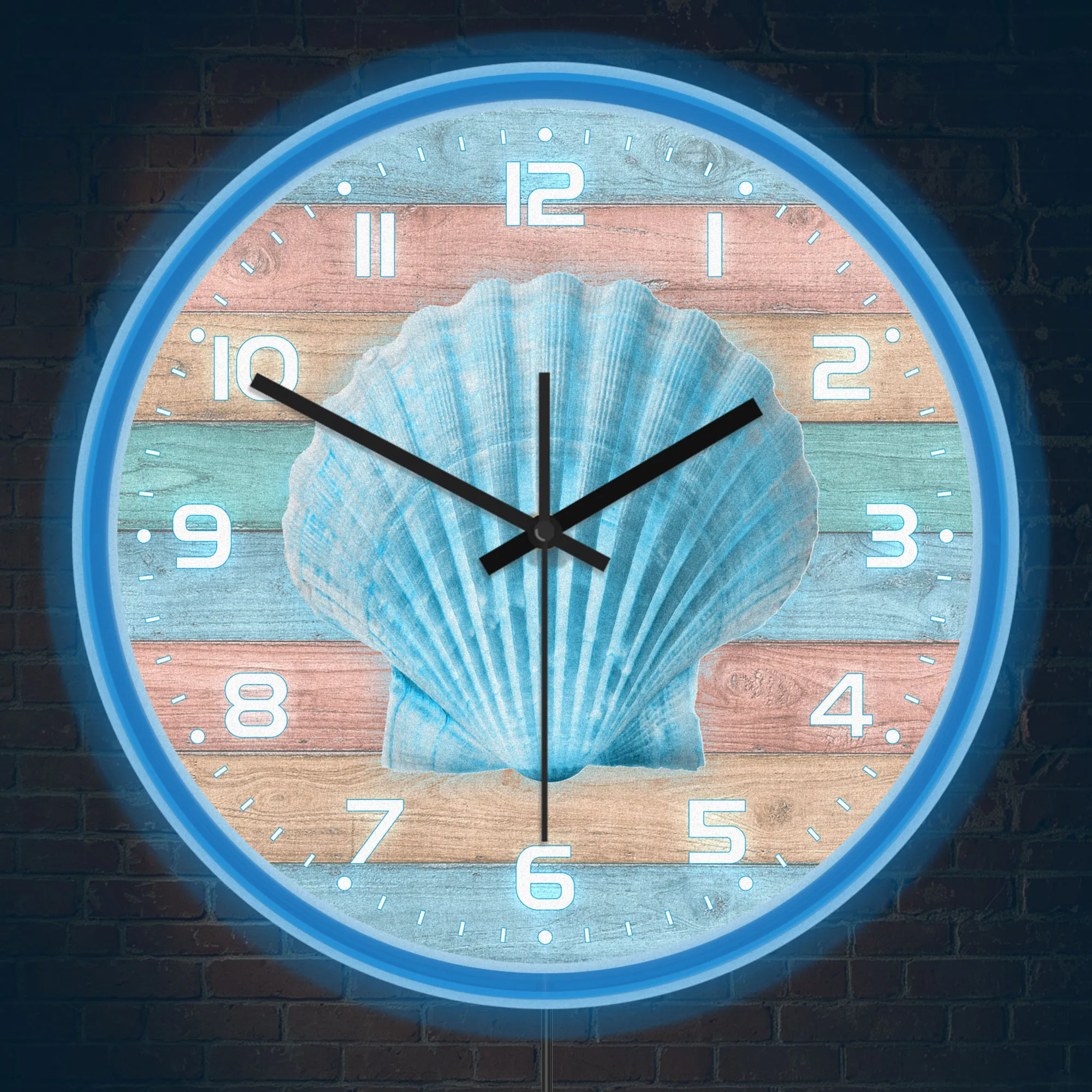 Coastal Seashell Wall Clock with LED Neon Lighting for Beach Cottage Lake House Nautical Bar Vintage Striped Wood Grain Decor