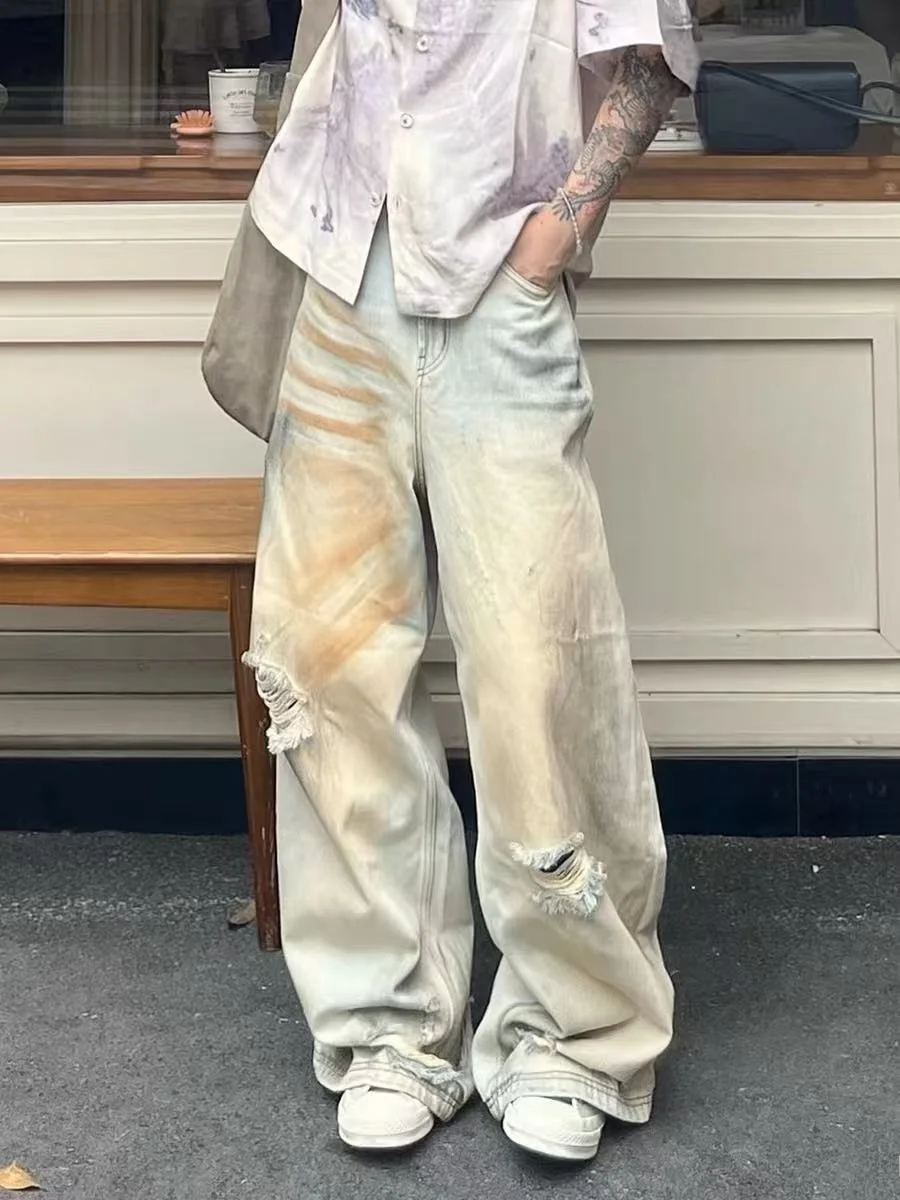 

Vintage American Yellow Mud Color Washed Hole Denim Jeans Men's Straight Leg Long Pants Casual Wear All Seasons Youth Fashion