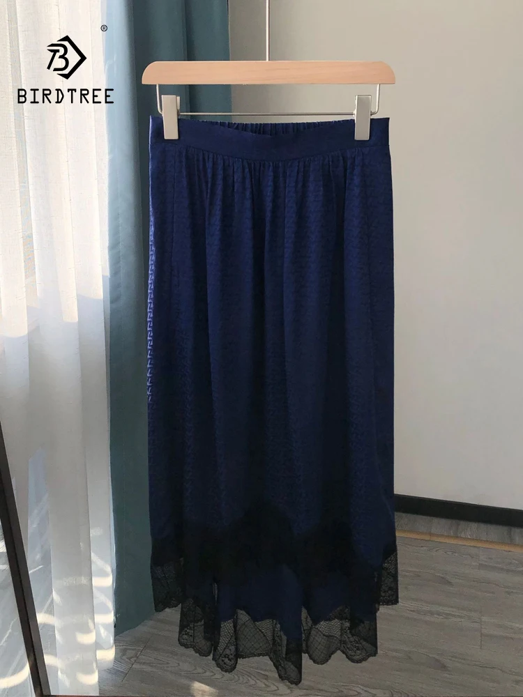 

BirdTree-Women 100% Silk Elegant Skirt, Elastic Waist Jacquard Lace Patchwork, Romantic Retro Party Skirt, 2025 Autumn B59659CC